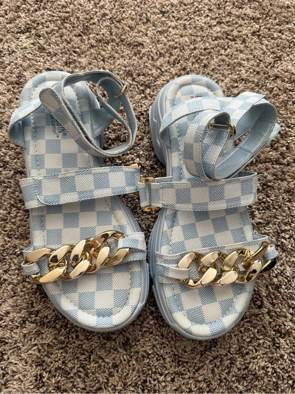 Cape Robbin Light Blue Check Kids Sandals with Gold Chain